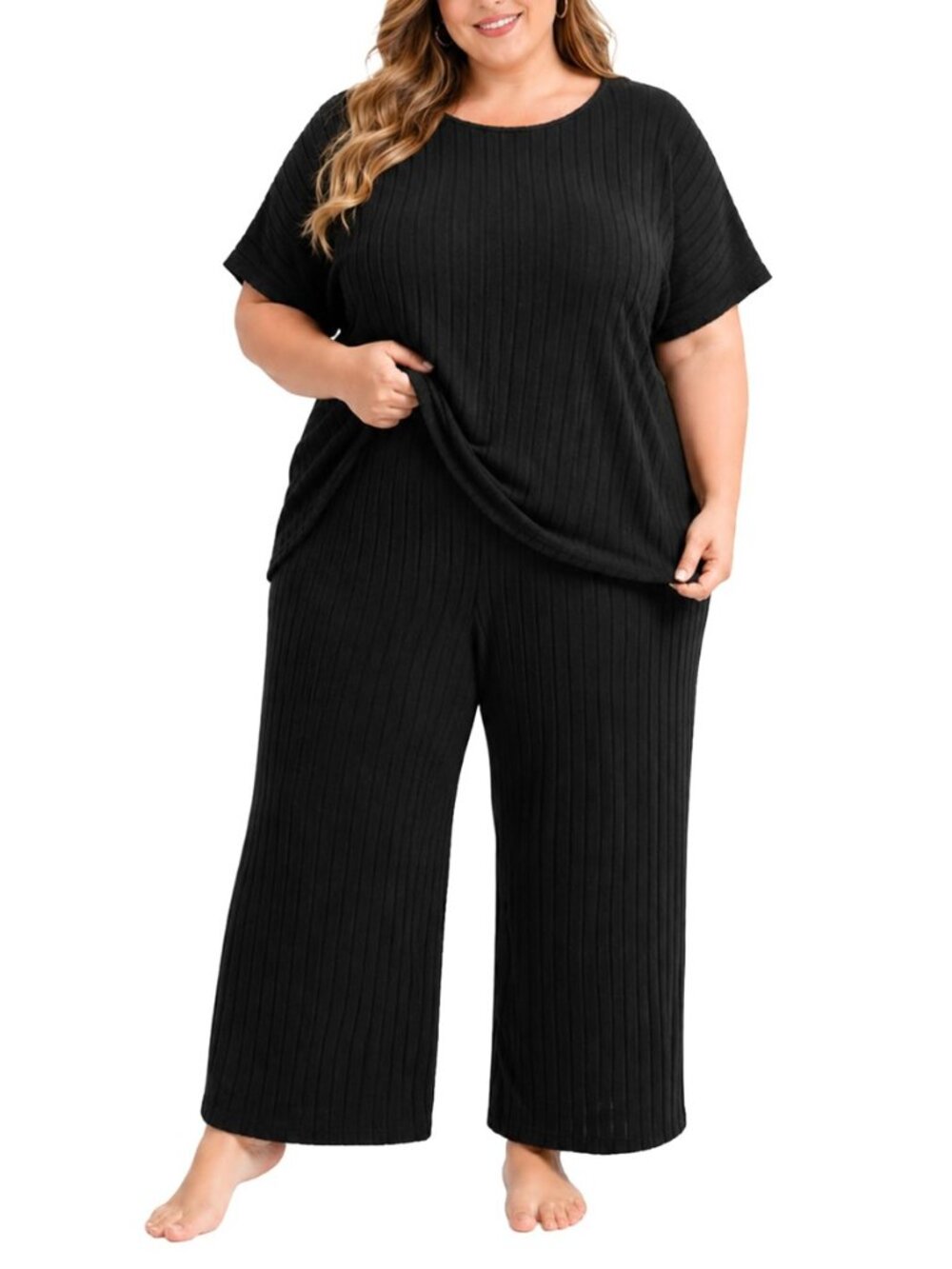 Plus Size Two Piece Summer Lounge Sets For Women Ribbed Matching Pajama Short